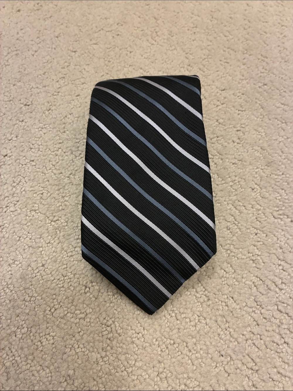 Calvin Klein Black, Grey & Slate Blue Diagonal Striped 100% Silk Necktie👵MT
